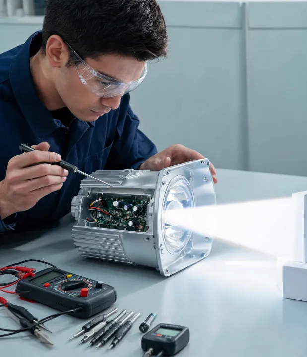 Lighting engineer checking wall luminaire optical assembly